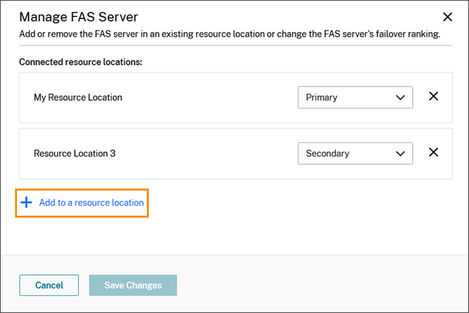 Cuadro de diálogo Administrar servidores con la opción Agregar a ubicación de recursos resaltada