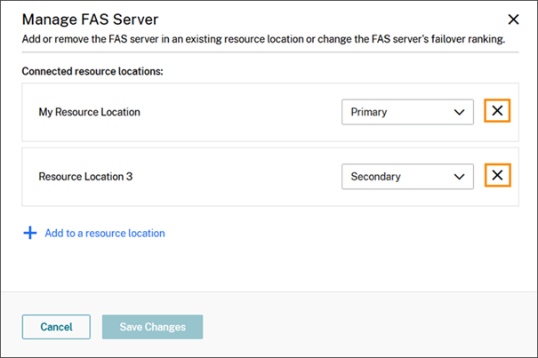 Manage FAS Servers with remove icons highlighted