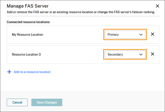 FAS-Serververwaltung mit hervorgehobener Dropdownliste "Priorität"