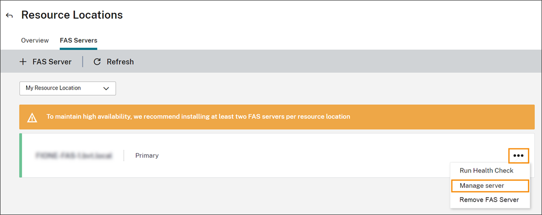 Ficha Servidores de FAS con la opción de menú Administrar servidor resaltada