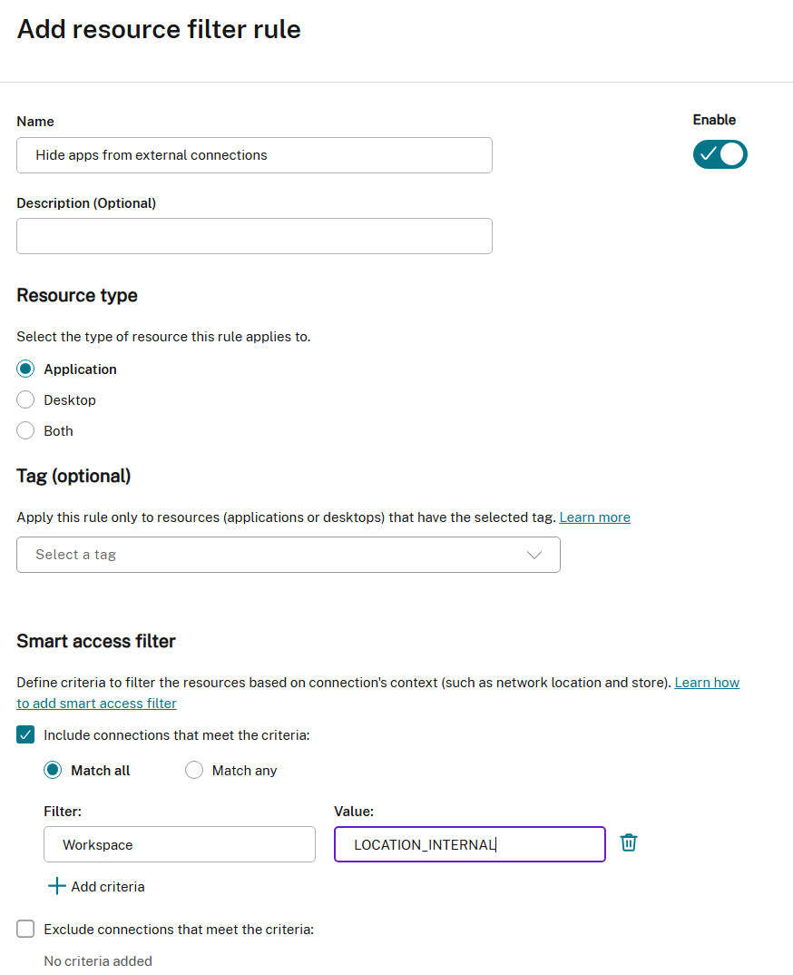 Screenshot of resource filter to hide apps from external users