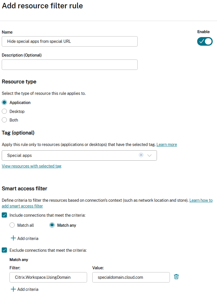 Screenshot of resource filter