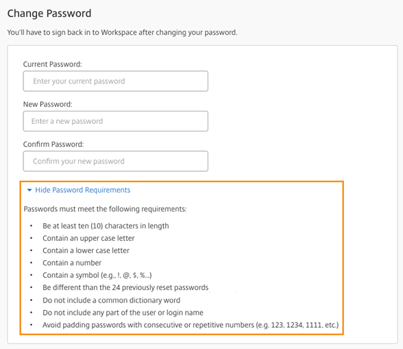 Change password section with displayed requirements highlighted