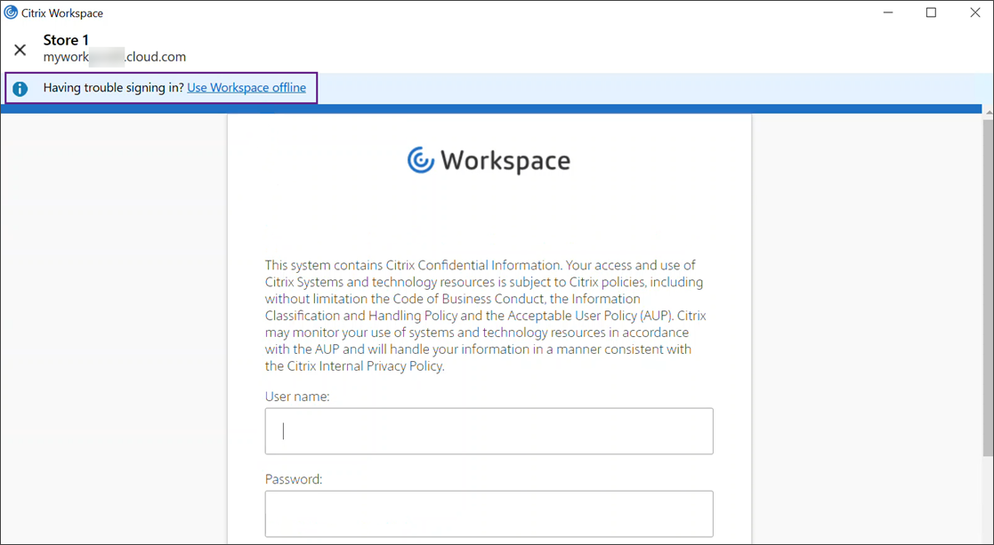 Page de connexion de l'application Citrix Workspace