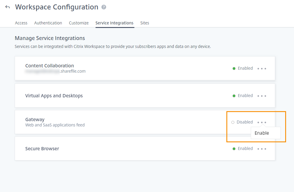 Service Integrations console page