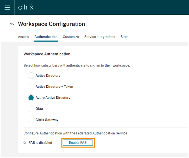 Workspace Configuration page with Enable FAS button highlighted