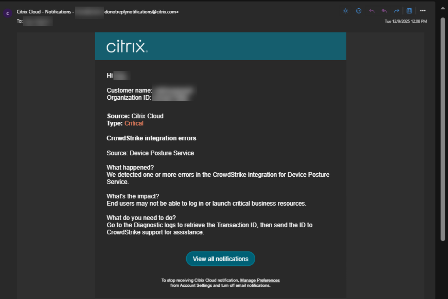 Sample integration notification email