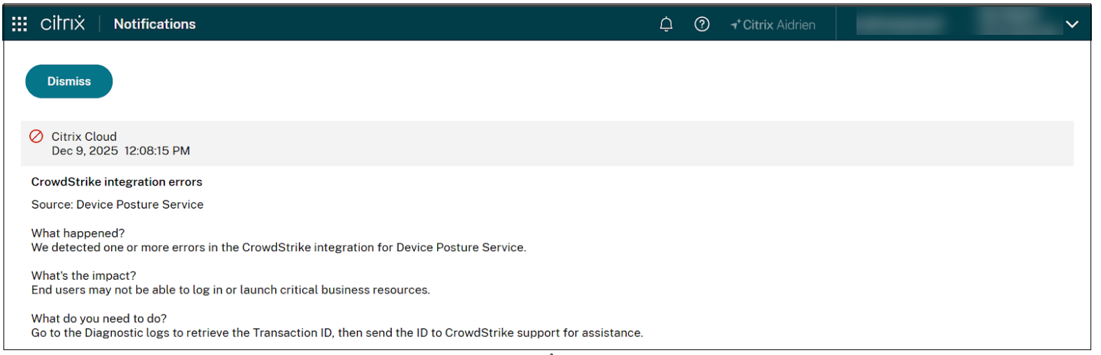 Sample integration notification failure in dashboard