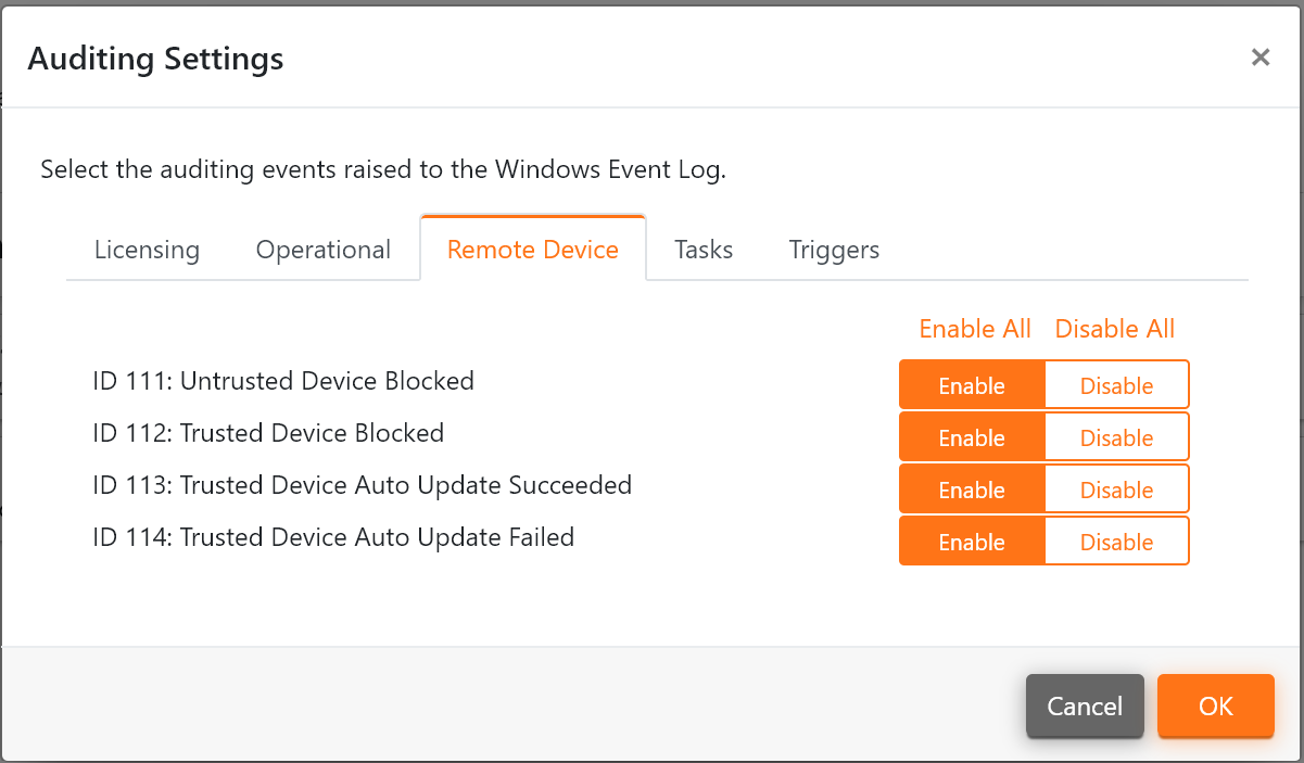The Remote Device Auditing Settings.