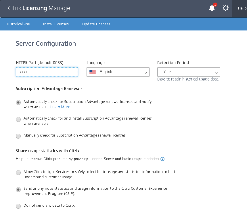Settings in VPX Citrix Licensing Manager