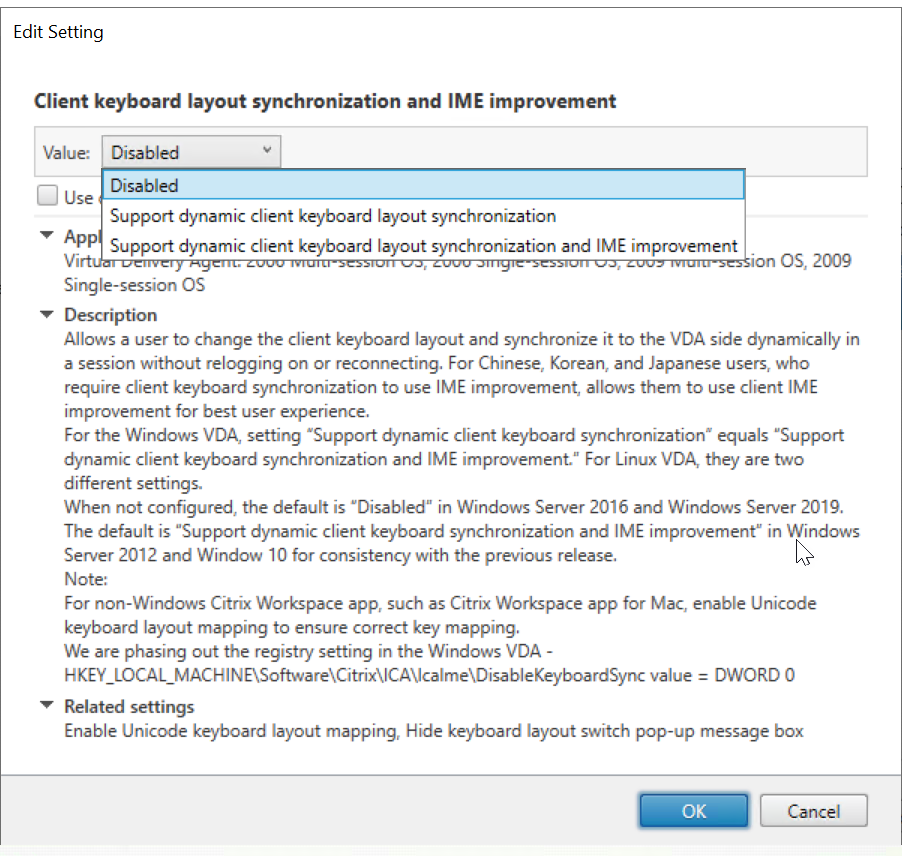 Image of setting the Client Keyboard Layout Sync and IME Improvement policy