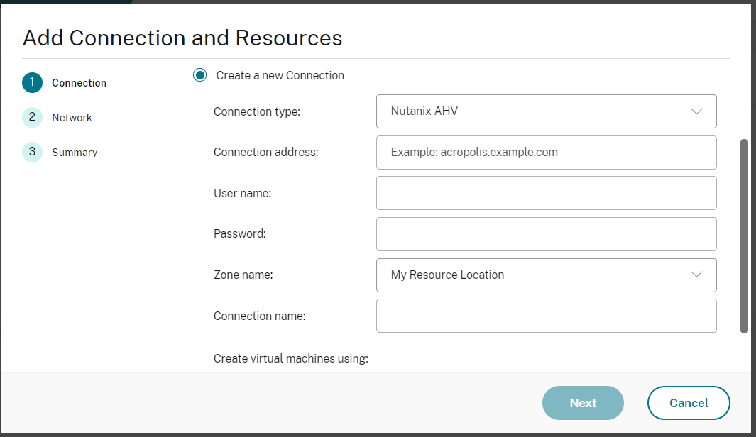 Creating a hosting connection to Nutanix in the web-based Studio console on Citrix Cloud