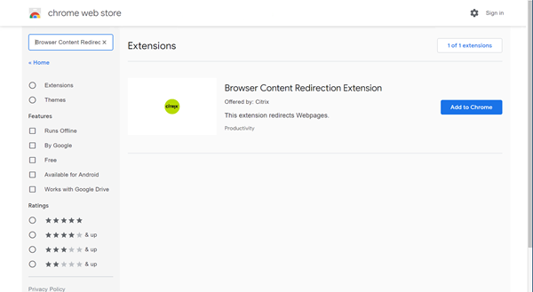 Imagen de agregar la extensión de redirección de contenido de explorador web Citrix desde Chrome Web Store