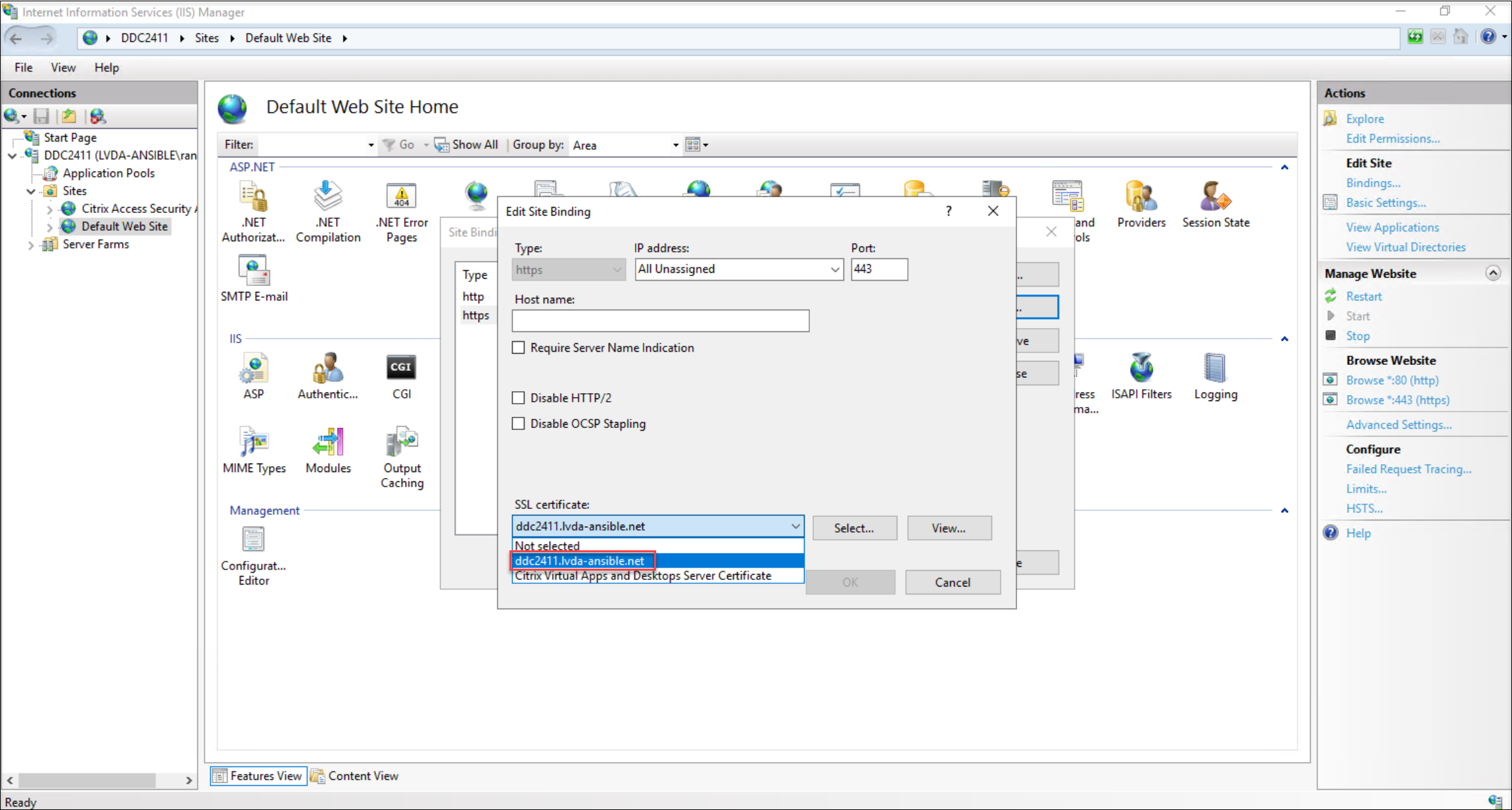 Select the imported certificate during binding