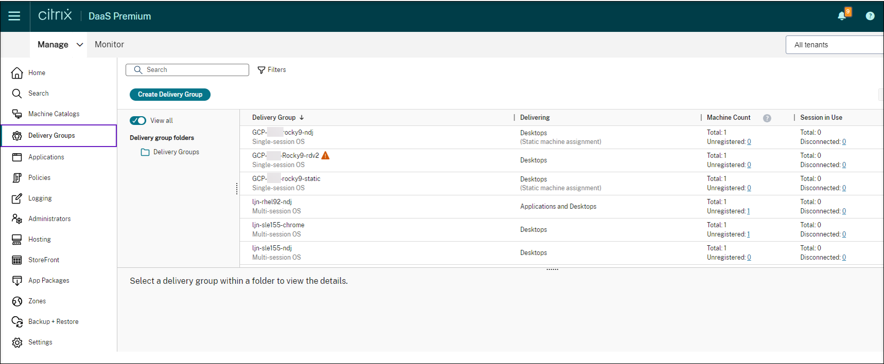 List of delivery groups in the Full Configuration management interface