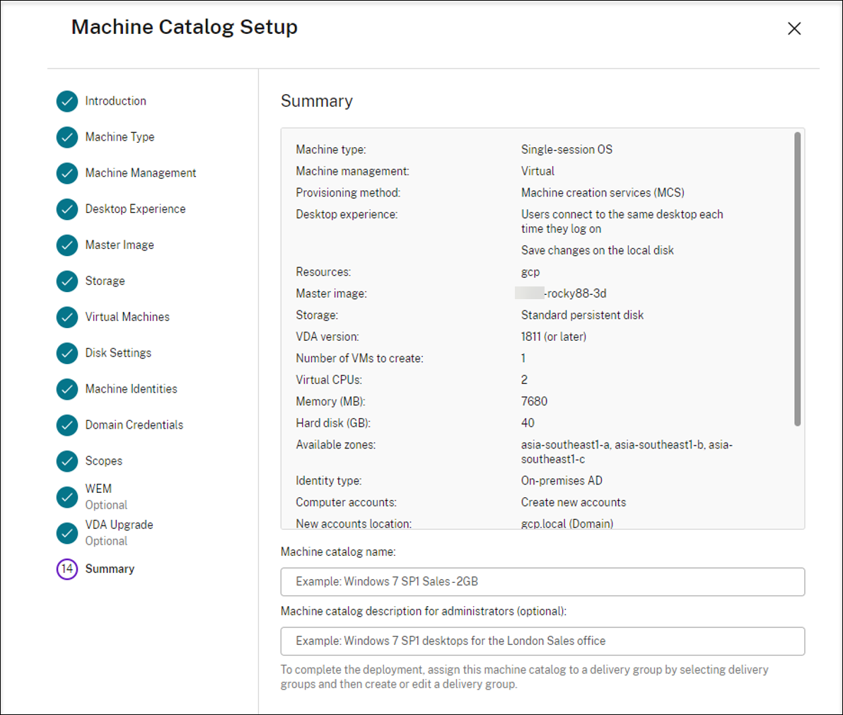 Resumen de configuración del catálogo de máquinas