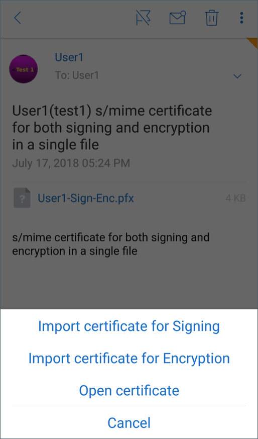 Imagen de las opciones de importación del certificado S/MIME