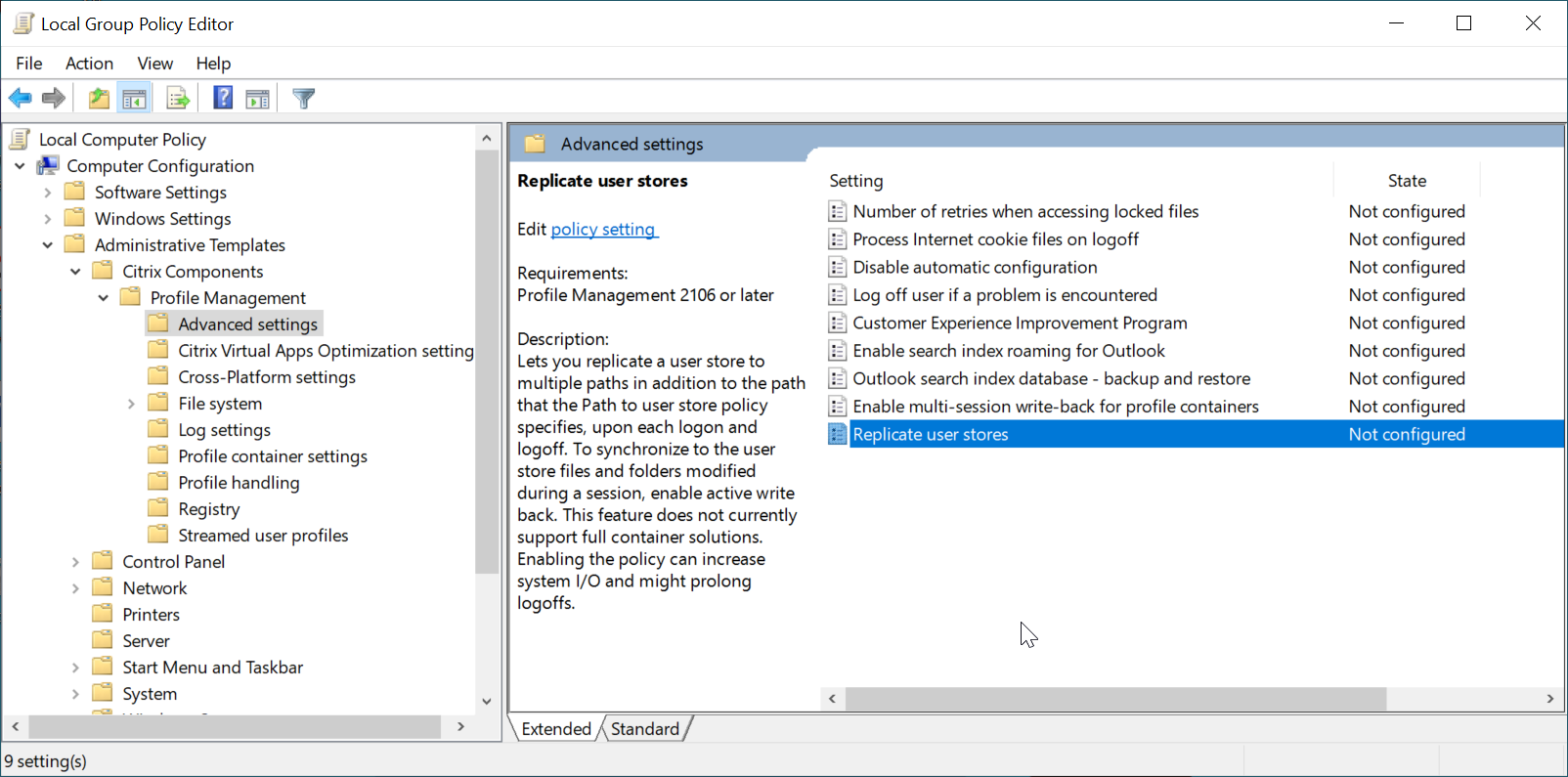 Configuring the Replicate user stores policy through Microsoft Active Directory Group Policy Management