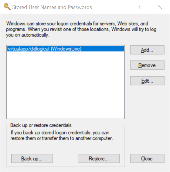 The Stored User Names and Passwords dialog box