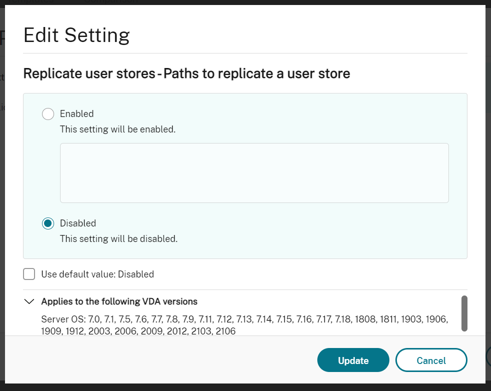 在 Citrix Studio 中设置“Replicate user stores”（复制用户存储）策略