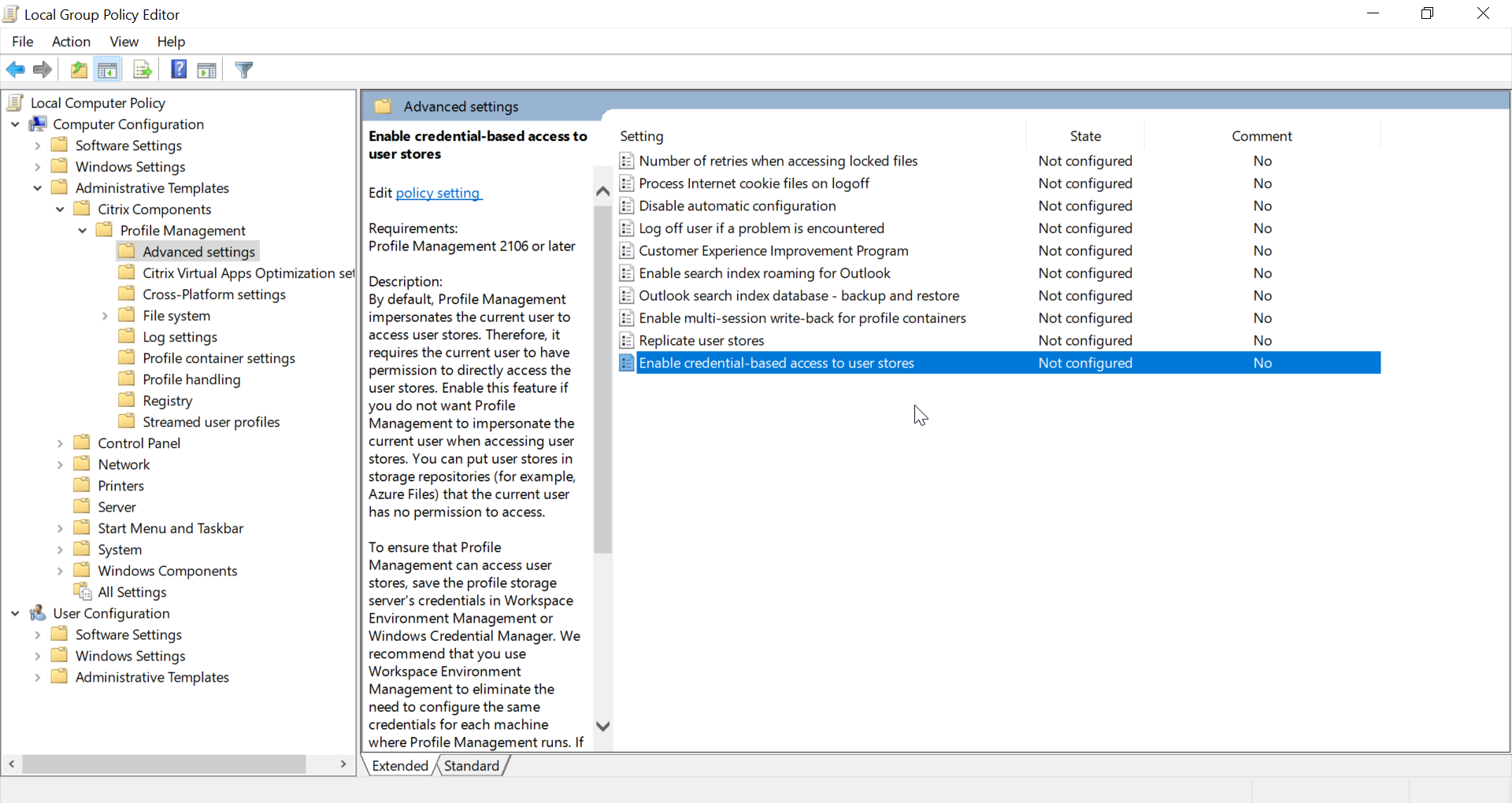 The Enable credential-based access to user stores policy in the Local Group Policy Editor