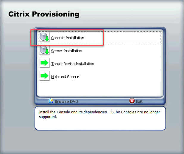 Installieren der Citrix Provisioning-Konsole