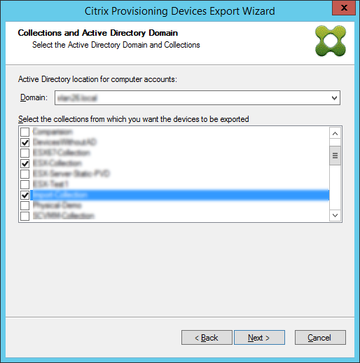 Active Directoryドメインとコレクションの選択