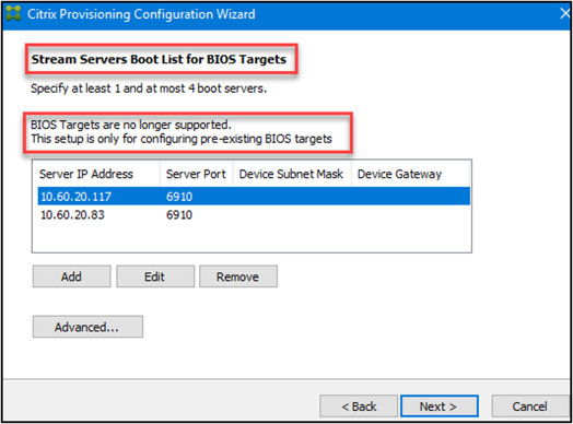 Stream servers boot list for BIOS targets