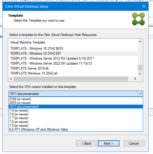 Citrix Virtual Apps and Desktops Setup Wizard default VDA level