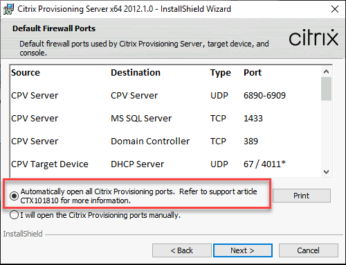 すべてのCitrix Provisioningポートを自動的に開く