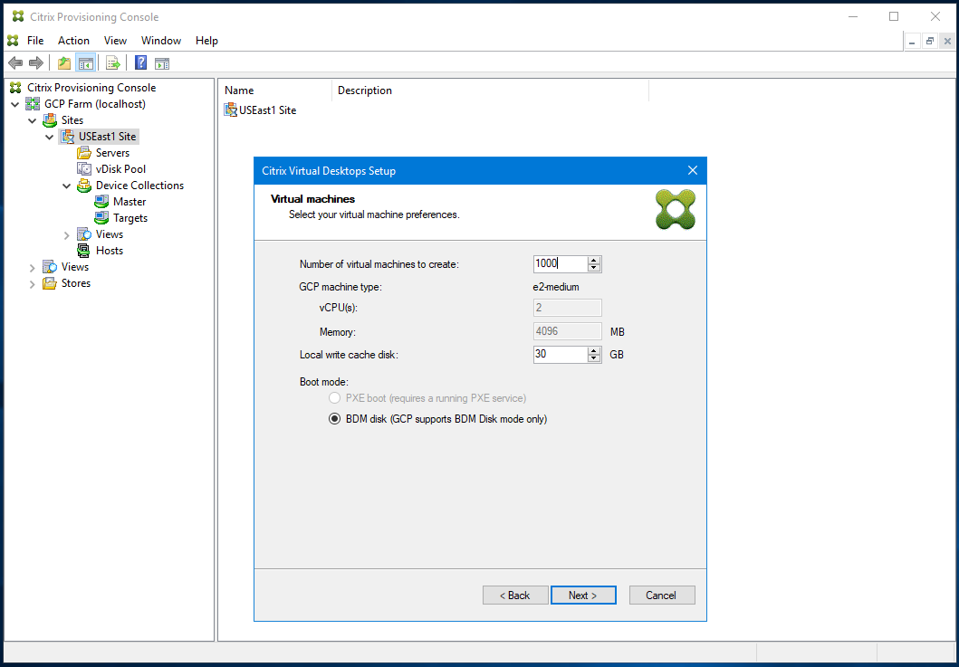 Setup wizard: Number of VMs, local cache, and machine size