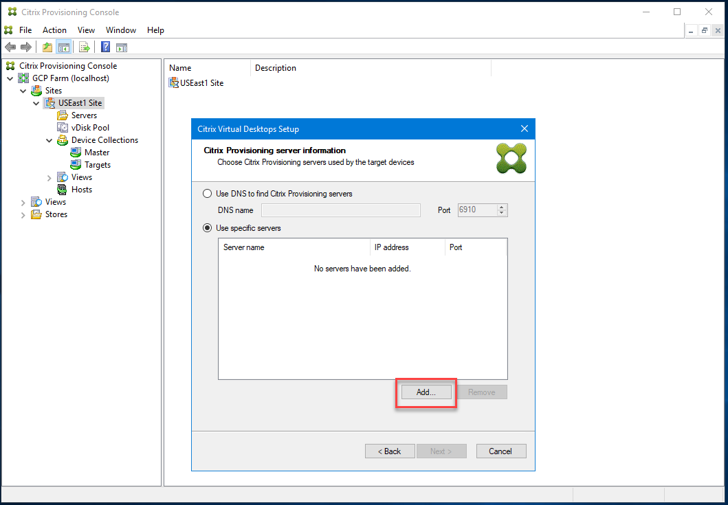 Asistente de configuración: Aprovisionamiento de servidores para dispositivos de destino