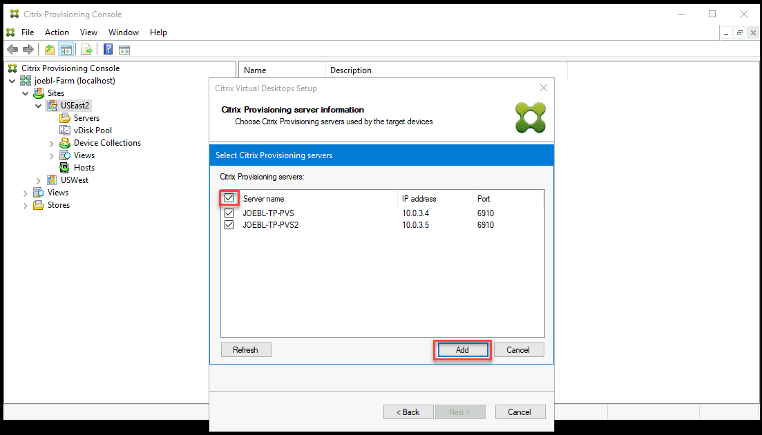 Asistente de configuración: Servidores de Provisioning para destinos