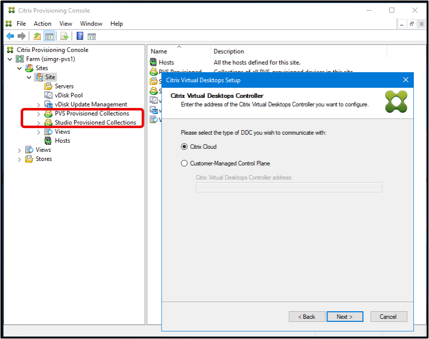 Imagen de las colecciones en la consola de Citrix Provisioning del sitio