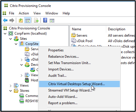 Image of the contextual menu to show CVAD setup wizard and streaming vm wizard