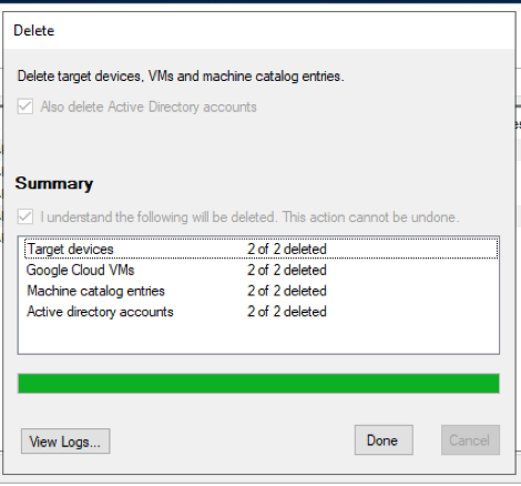 Delete GCP Target VM: Individual VM deletion summary