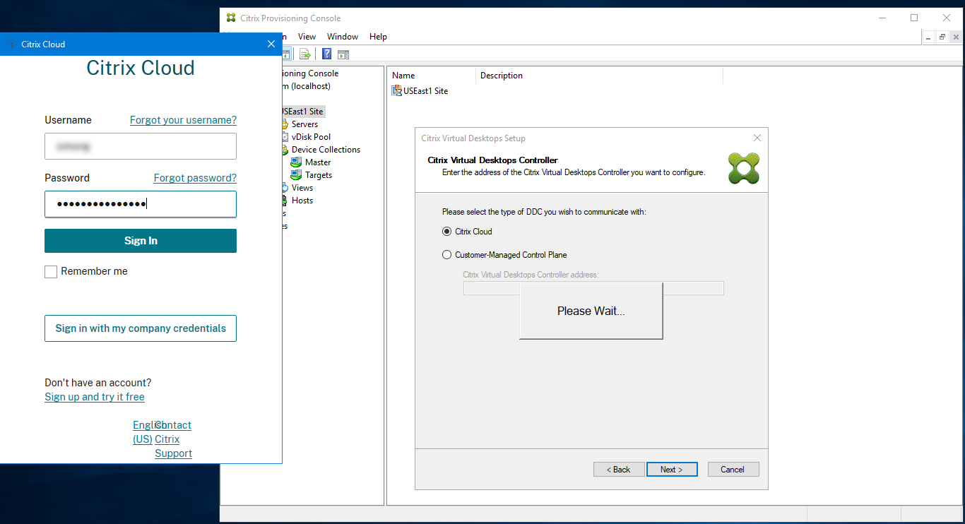 Setup wizard: Enter Citrix Cloud Credentials