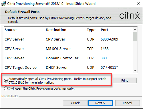 Open all Citrix Provisioning ports automatically