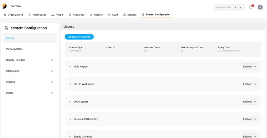 System Configuration page showing the left navigation and the License page