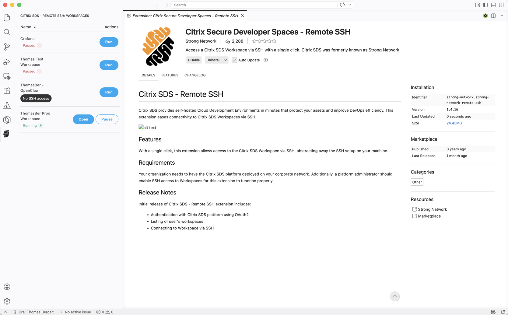 SDS Remote SSH extension in VS Code showing the workspace list with Run, Open, and Pause controls