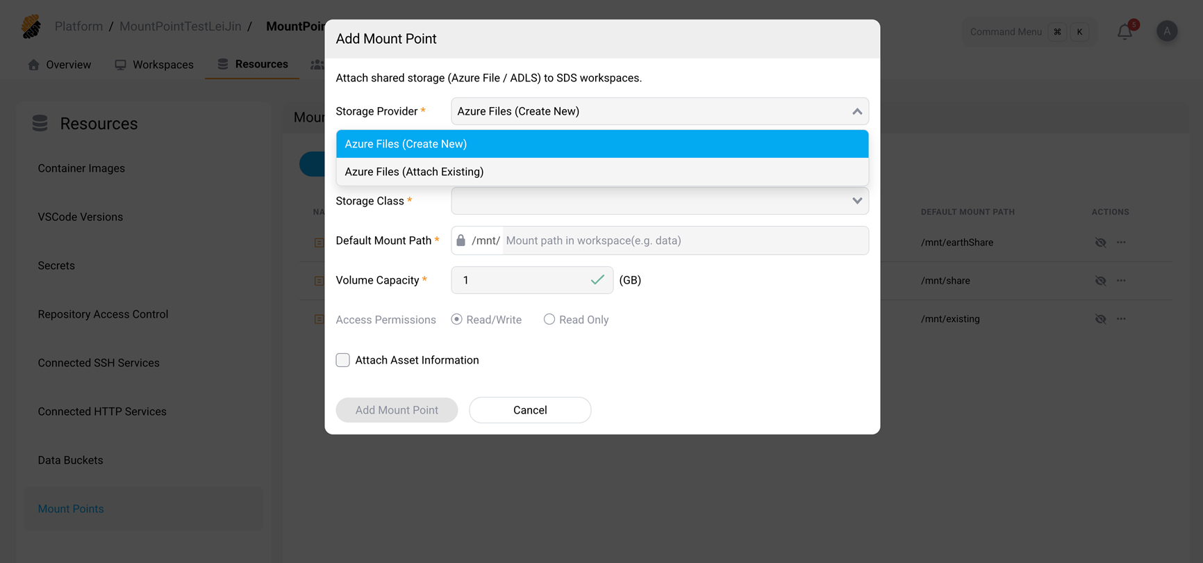 Add Mount Point form showing storage provider, name, storage class, default mount path, volume capacity, and access permissions
