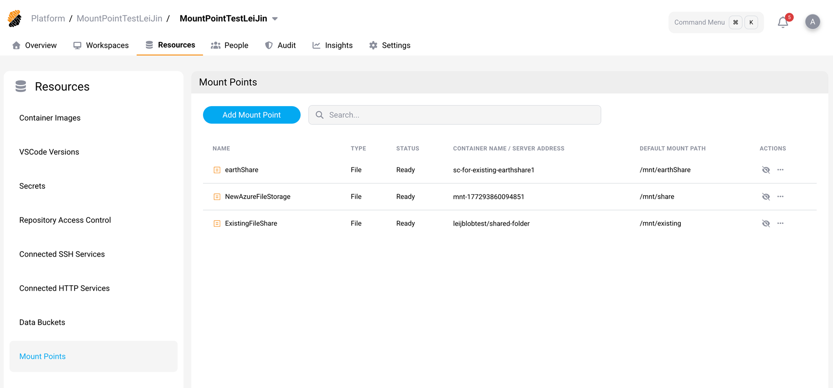 Mount Points list view showing configured mount points with name, type, status, server address, default mount path, and actions columns