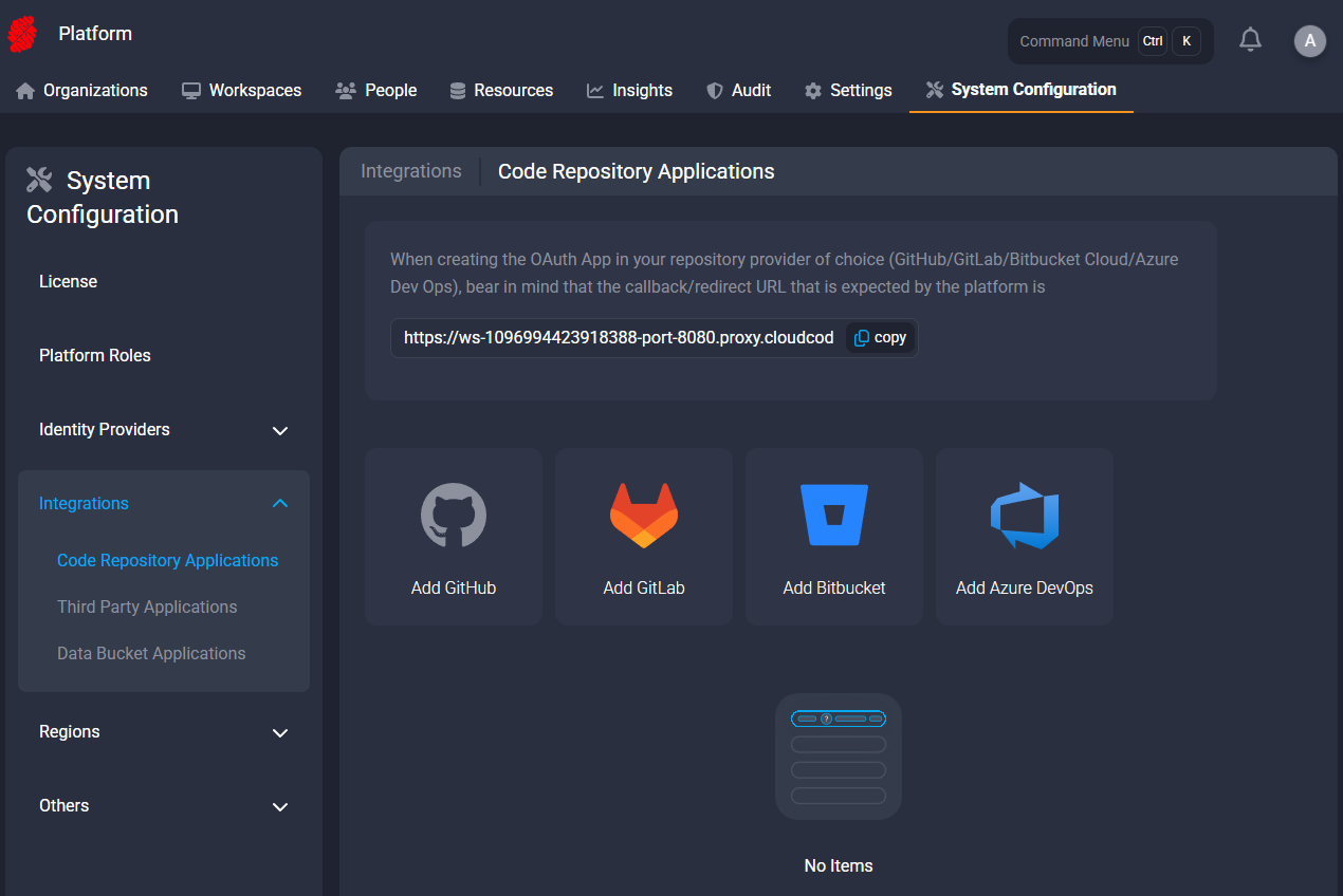 Code repository applications configured on the platform