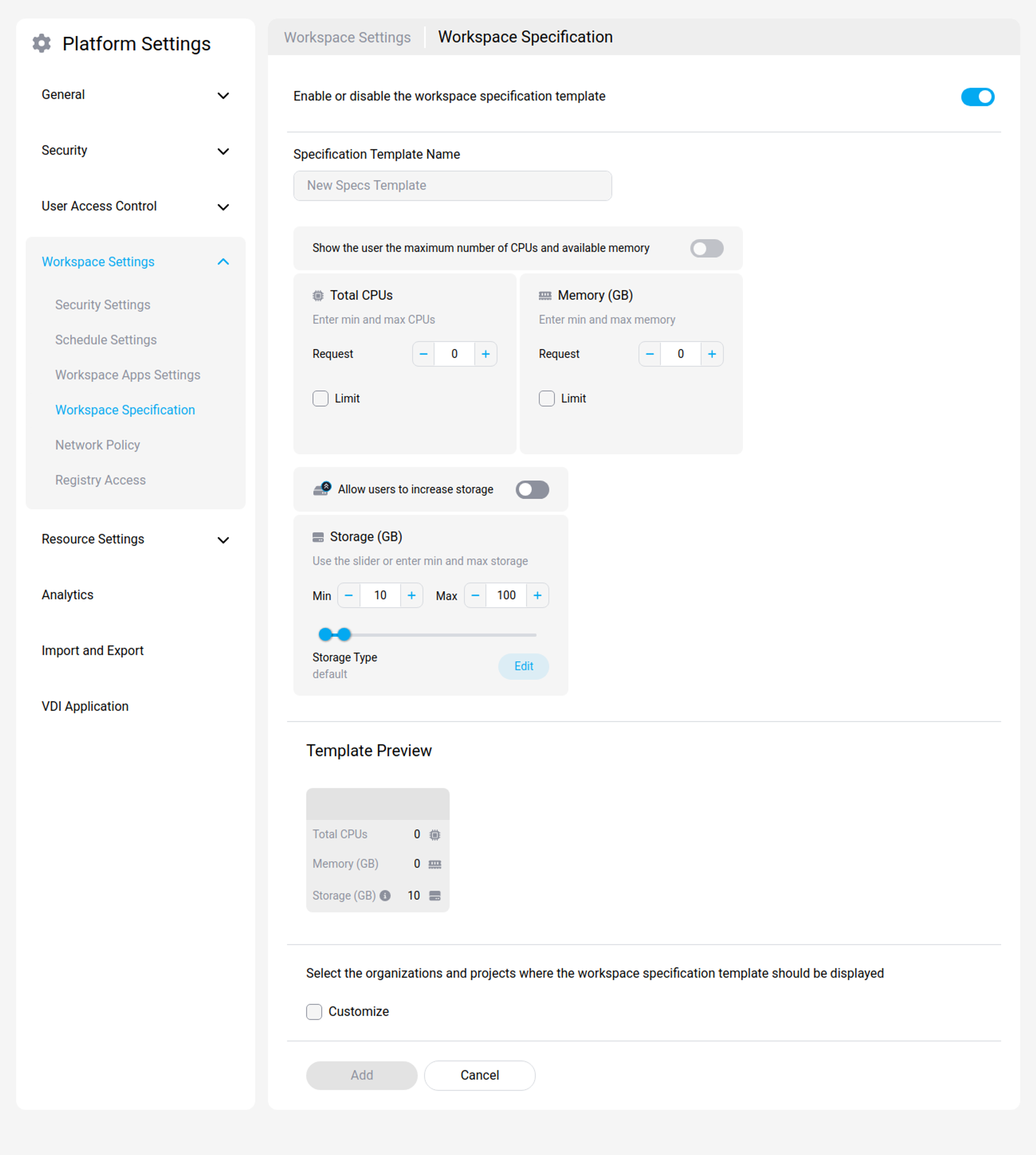 Creating a workspace specification template