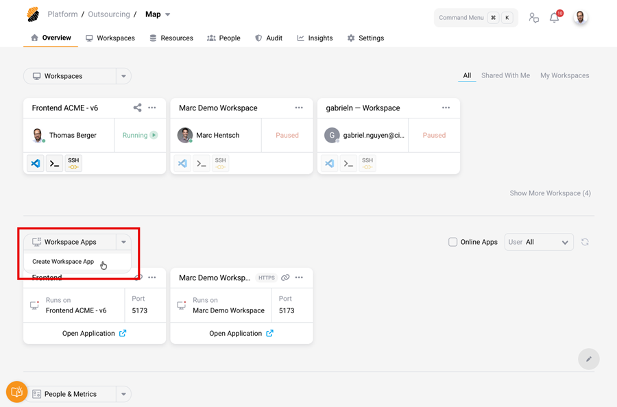 Create workspace app from the Project Overview page