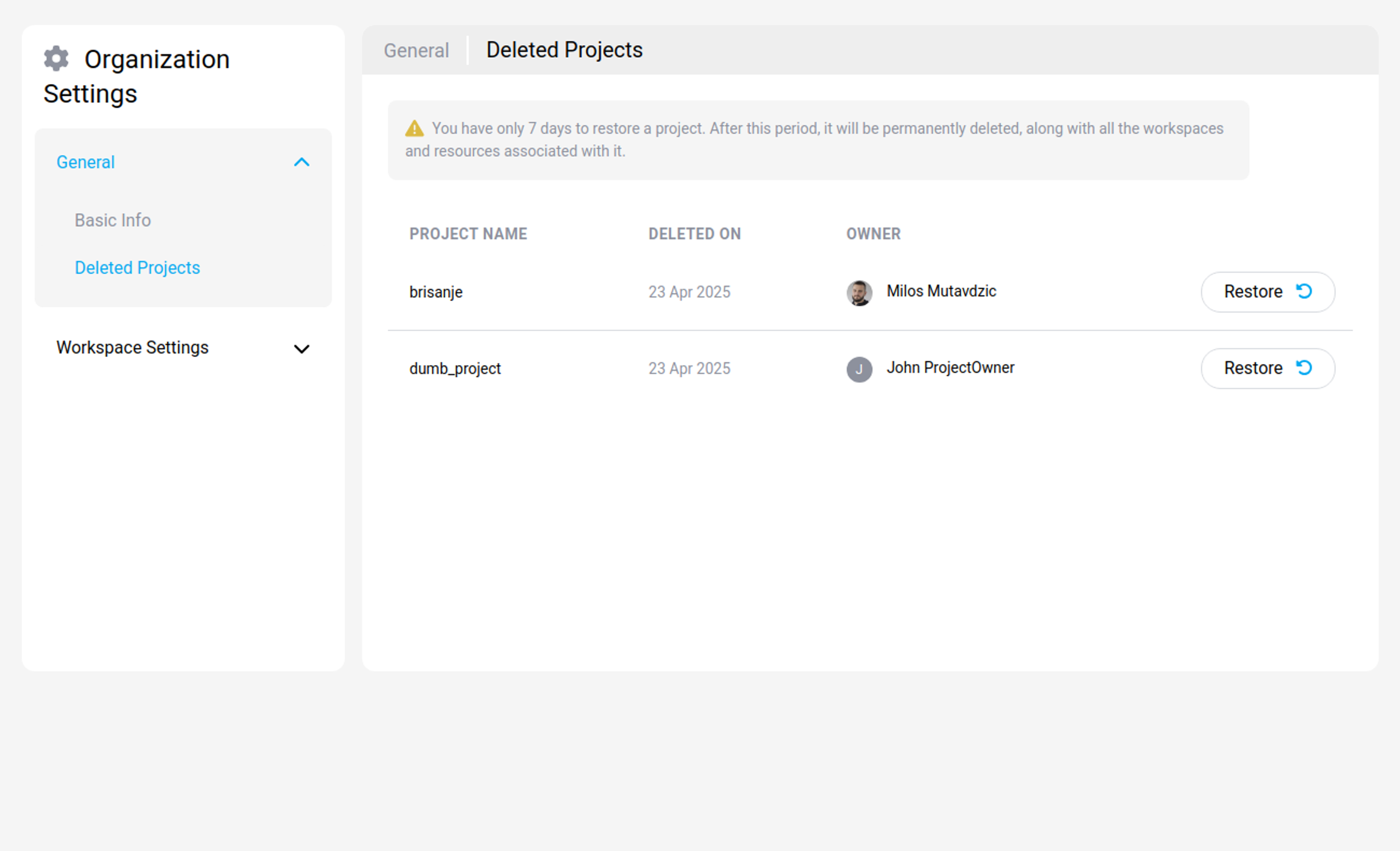 Deleted projects list