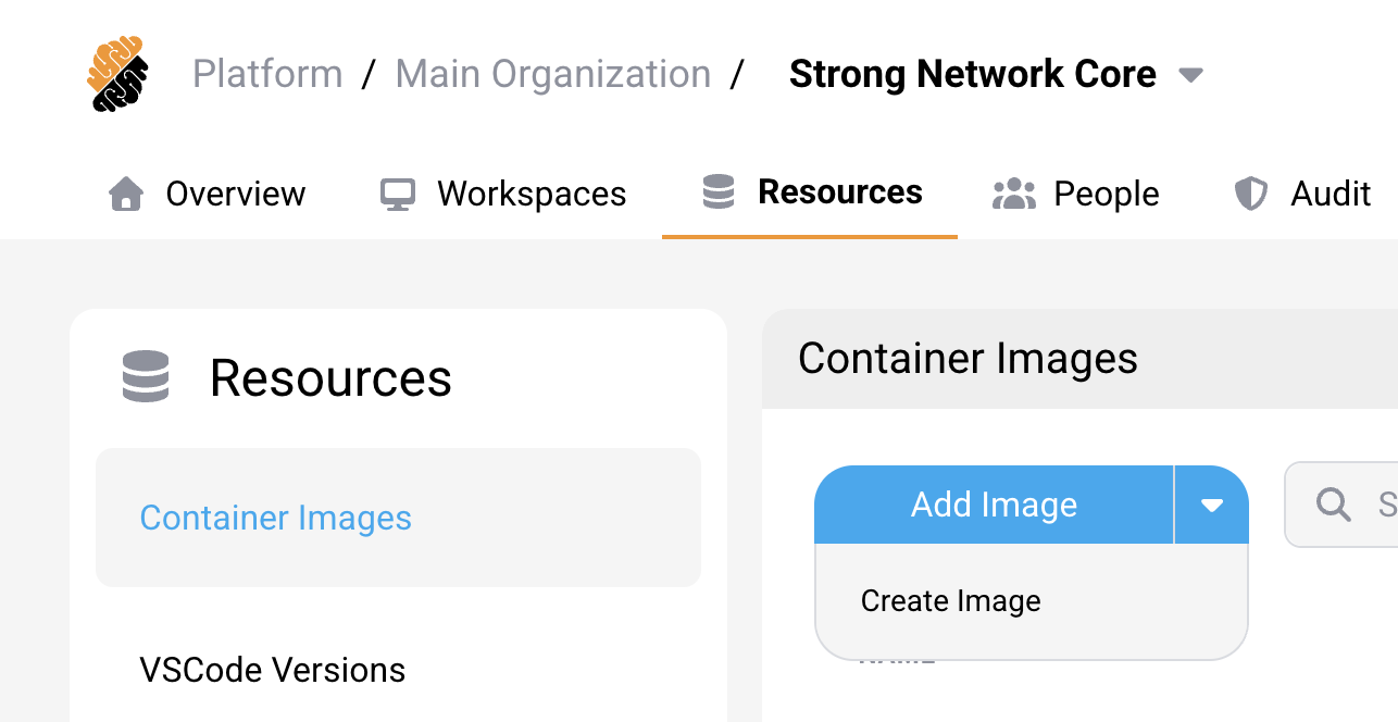 The Add Image button expanded, showing the Create Image option
