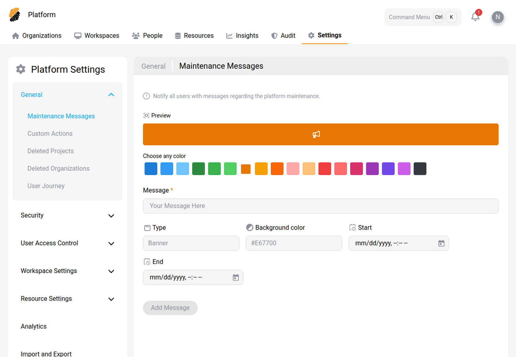 Maintenance messages settings page