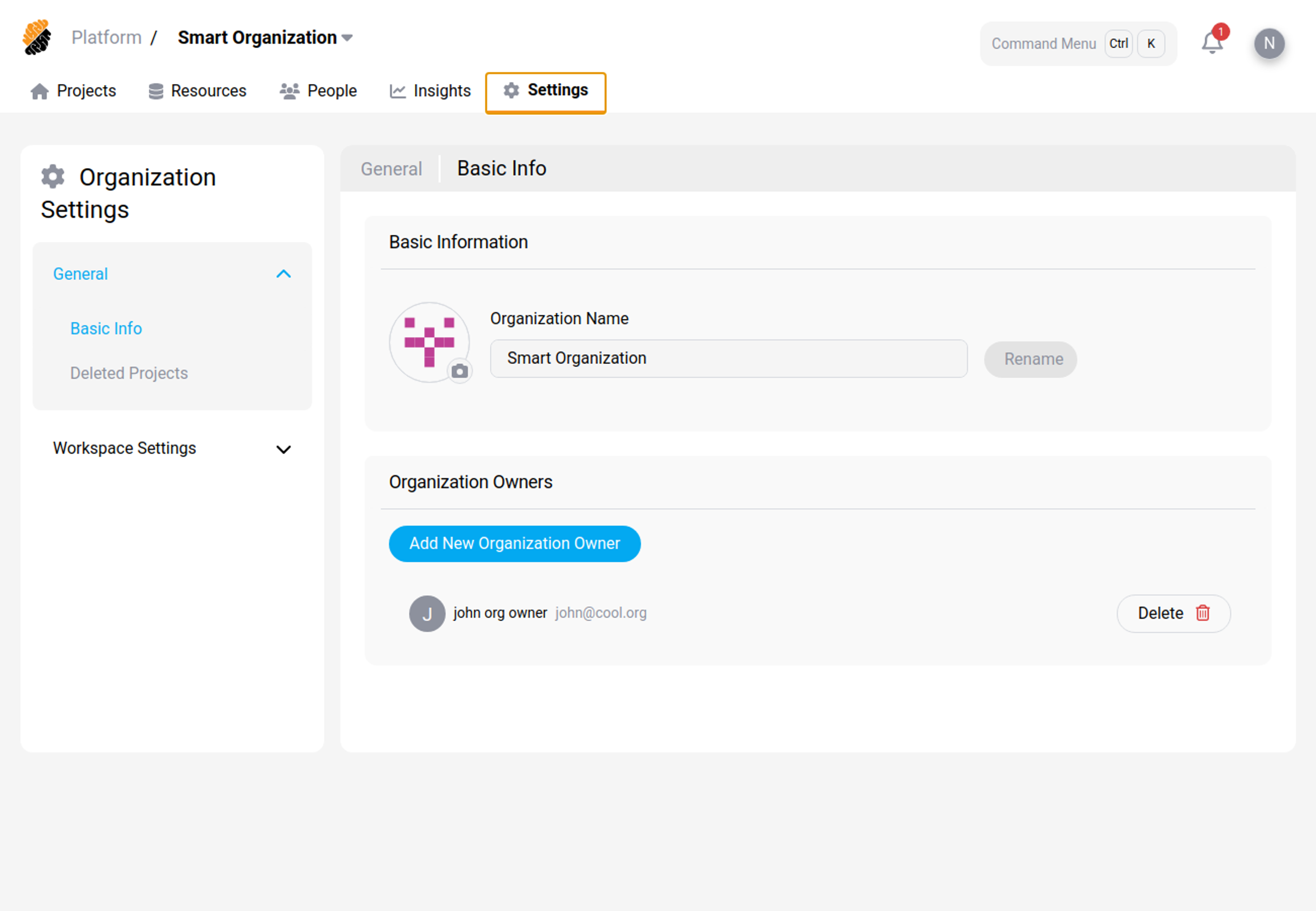 Organization settings page