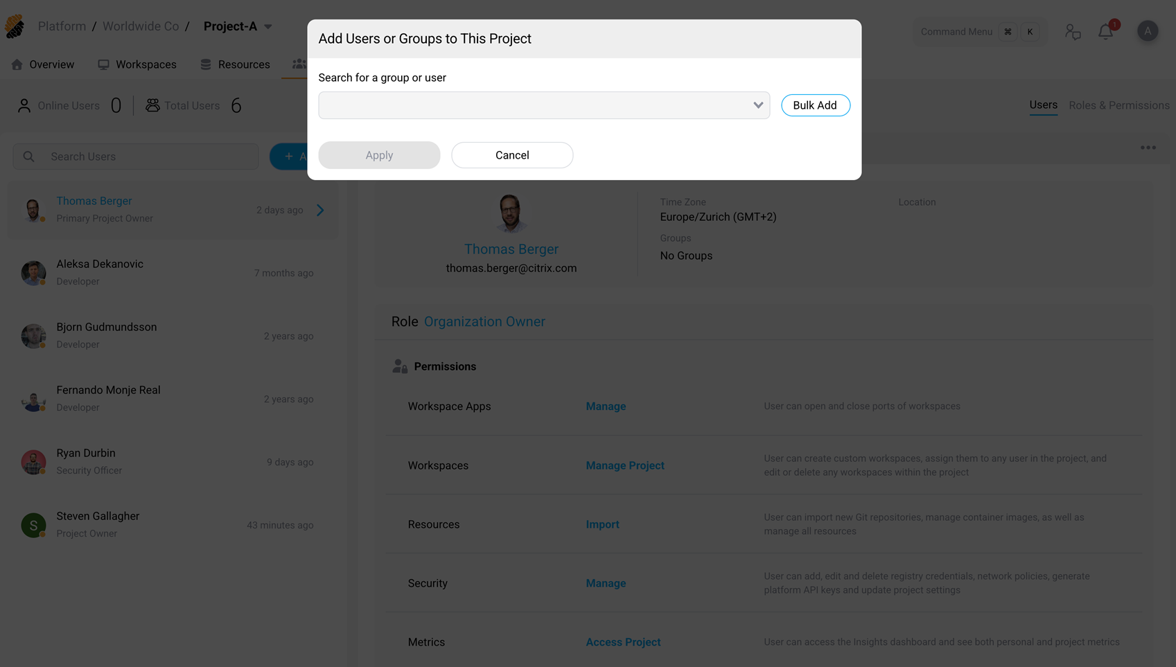 Add Users or Groups modal in empty state, showing the search dropdown and Bulk Add button